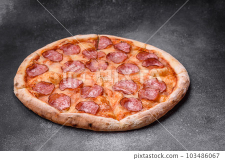 Tasty fresh pizza with salami, cheese, tomatoes, spices and salt 103486067