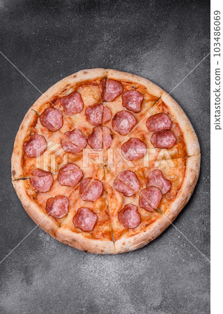 Tasty fresh pizza with salami, cheese, tomatoes, spices and salt 103486069