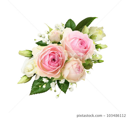 Floral arrangement with pink roses, eustoma and gypsophila flowers isolated 103486112