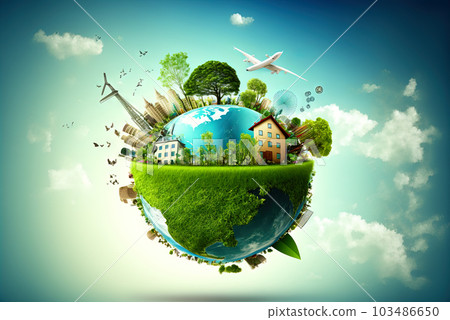 Ecological sustainability concept with stylized Earth as our home. Generated AI. 103486650