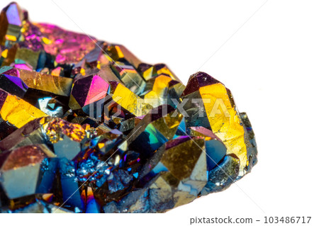 Macro mineral stone Titanium Quartz, Flame Aura Quartz on a white background Macro mineral stone Titanium Quartz, Flame Aura Quartz on a white background 103486717