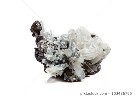 Macro mineral stone Drusus quartz with sphalerite in the rock a white background Macro mineral stone Drusus quartz with sphalerite in the rock a white background 103486796