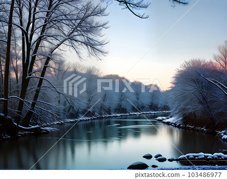 Winter river with warm lighting detailed scenery. 103486977