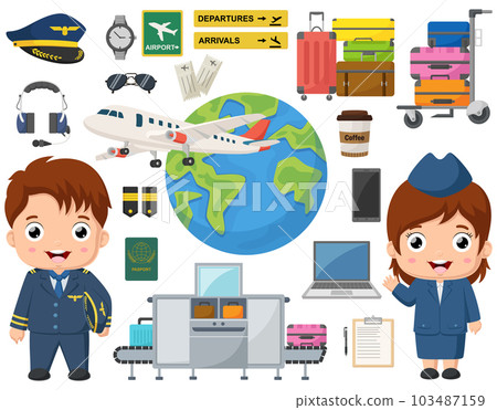 Cute pilot and stewardess kid with element collection 103487159