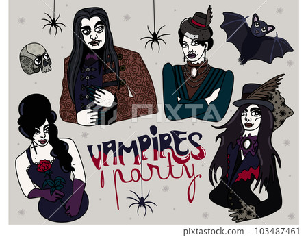 Vampires party. Four persons, skull, bat and spiders. Vector concept with lettering. Vampires party. Four persons, skull, bat and spiders. Vector concept with lettering. 103487461