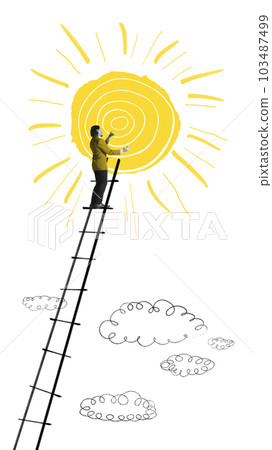 Man climbing upward the stair to the sun. Positive energy, happiness and mental stability. Contemporary art collage. 103487499