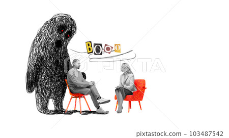 Man visiting psychologist, asking for help, suffering from hidden fears, depression and sadness. Contemporary art collage. Man visiting psychologist, asking for help, suffering from hidden fears, depression and sadness. Contemporary art collage. 103487542