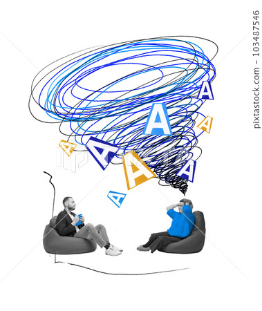 Tangled thoughts. Woman visiting psychotherapist for help. Endless flow of thoughts and worrying. Contemporary art collage. Tangled thoughts. Woman visiting psychotherapist for help. Endless flow of thoughts and worrying. Contemporary art collage. 103487546