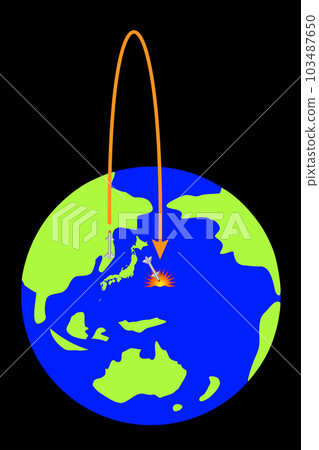 An image of the trajectory of a North Korean missile launch. A bird's-eye view from space. An image of the trajectory of a North Korean missile launch. A bird's-eye view from space. 103487650