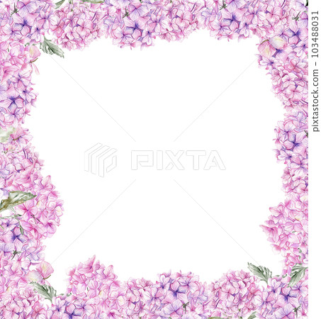Autumn square frame with pink hydrangea and pumpkins. llustration of autumn for scrapbooking, invitation,greetings cards, party decoration,wedding stationary, greetings, fashion,posters, background. 103488031