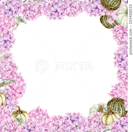 Autumn square frame with pink hydrangea and pumpkins. llustration of autumn for scrapbooking, invitation,greetings cards, party decoration,wedding stationary, greetings, fashion,posters, background. 103488033