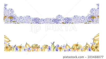 Watercolor horizontal seamless background with blue and pink hydrangea . Perfect for scrapbooking, kids design, wedding invitation, greetings cards. 103488077