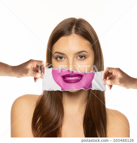 Beautiful young girl expressing positive, happy emotions, Smiling, Delightful look. Conceptual art collage. Beautiful young girl expressing positive, happy emotions, Smiling, Delightful look. Conceptual art collage. 103488126