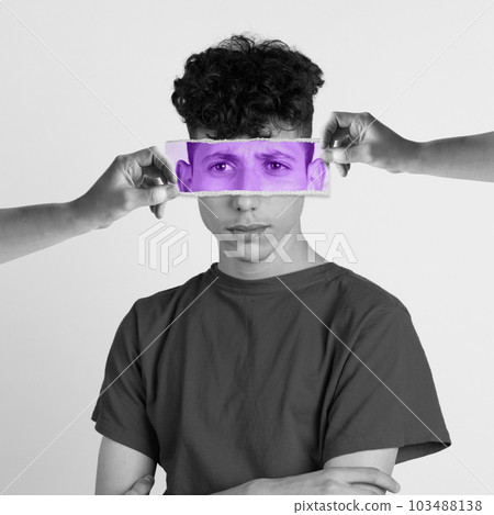 Feeling dad and unhappy. Young man with photo face parts expressing different emotions. Conceptual art collage. 103488138