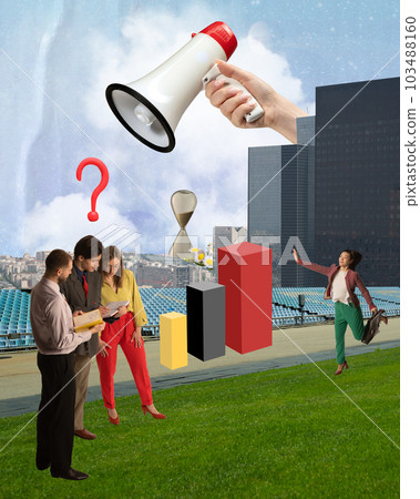 Contemporary art collage with pensive business team standing near question mark trying to find right answer over stadium background. Challenge, business strategy Contemporary art collage with pensive business team standing near question mark trying to find right answer over stadium background. Challenge, business strategy 103488160