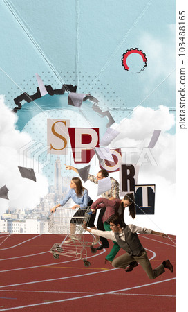 Contemporary art collage with office workers, employees racing at start point on athlete field background symbolizing competitions. Business rivalry 103488165