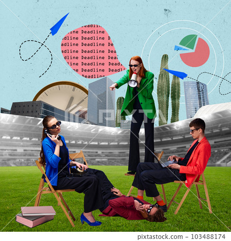 Contemporary collage of angry, shouting woman and employees working over big stadium symbolizing overworking problems in business. Deadlines Contemporary collage of angry, shouting woman and employees working over big stadium symbolizing overworking problems in business. Deadlines 103488174