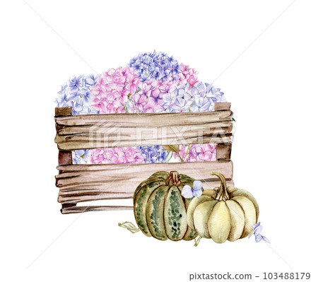 Fall composition with pink hydrangea and pumpkins. For cards, backgrounds. Watercolor illustration for scrapbooking. Perfect for wedding invitation. 103488179
