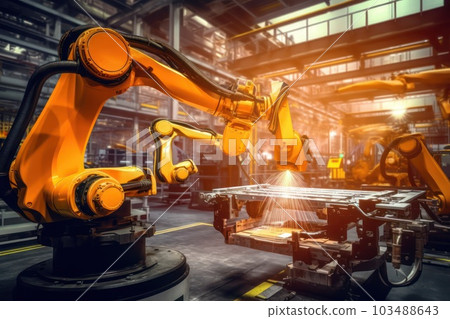 Robotic arm for structural assembly of automobile parts in an industrial factory with Ai Generated. 103488643