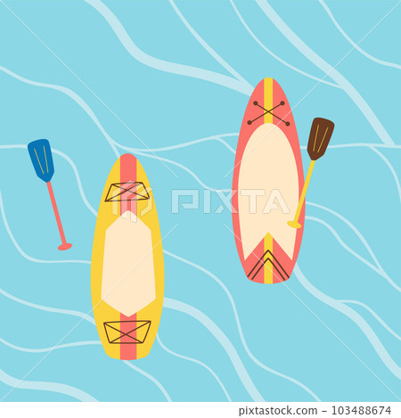 Sup board on water surface background. Paddle boarding sport banner template. Surfboards in the sea, ocean, river 103488674