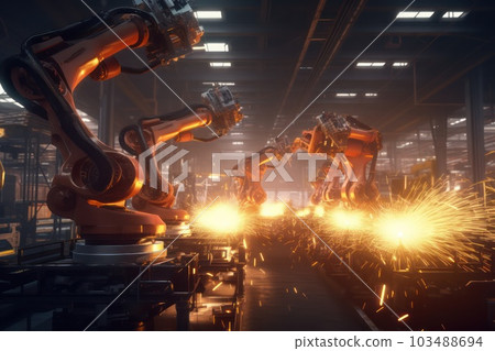 The robotic welder working in line welding steel structure in the factory with Ai Generated 103488694