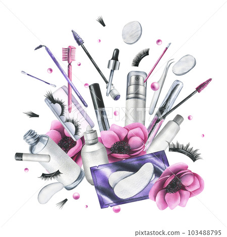 Pink anemone flowers and various decorative and skin care cosmetics. Watercolor illustration, hand drawn. Isolated composition on a white background. 103488795