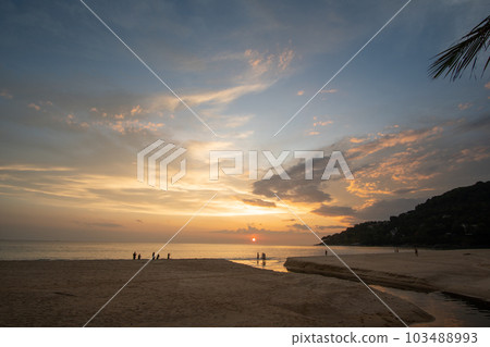 aerial view amazing sky above Karon beach Phuket at colorful sunset. 103488993