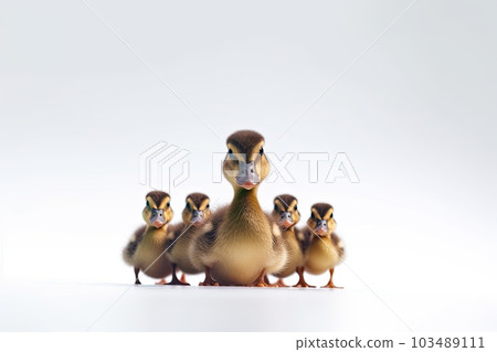 Duck and young duckling animals,Family walking on white background, Funny yellow group,AI generated. 103489111