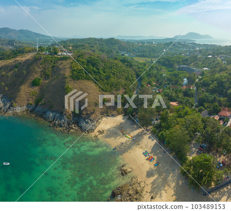 aerial panorama view above turquoise sea around Nui beach small beach surrounded by tourist attractions. Nui beach is the good place for swimming snorkeling and sea canoe. turquoise sea background. 103489153