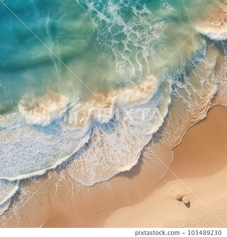 Clean ocean waves breaking on white sand beach Aerial view,AI generated. 103489230