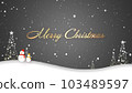 Merry Christmas lettering with a snowman walking in the snow 103489597