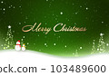 Merry Christmas lettering with a snowman walking in the snow 103489600