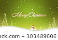 Merry Christmas lettering with a snowman walking in the snow 103489606