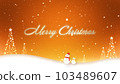 Merry Christmas lettering with a snowman walking in the snow 103489607