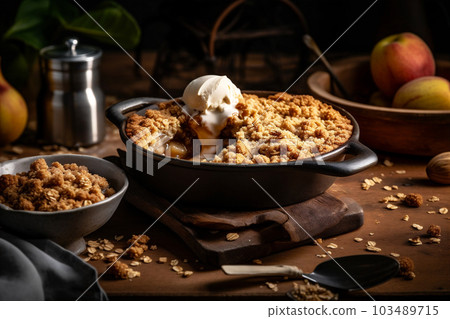 Warm apple pie with flaky buttery crust and scoop of ice cream. AI generated. 103489715