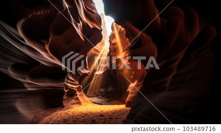 Beautiful sunset over the dramatic and colorful walls of canyon. AI generated. Beautiful sunset over the dramatic and colorful walls of canyon. AI generated. 103489716