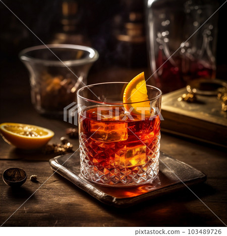 Bitter and complex Sazerac cocktail made with rye whiskey, absinthe, sugar cube, bitters, lemon twist. AI generated 103489726