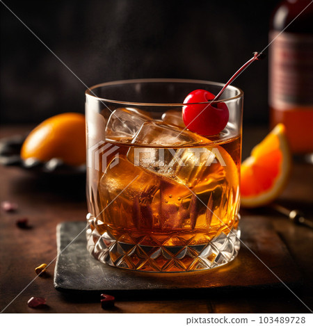 Classic Old Fashioned cocktail made with bourbon, sugar, bitters and twist of citrus zest. AI generated 103489728