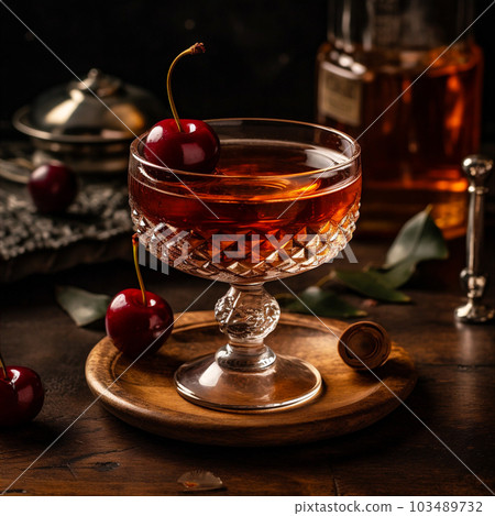 Classic Manhattan cocktail made with rye whiskey, vermouth, dash of bitters, garnished with cherry. AI generated 103489732