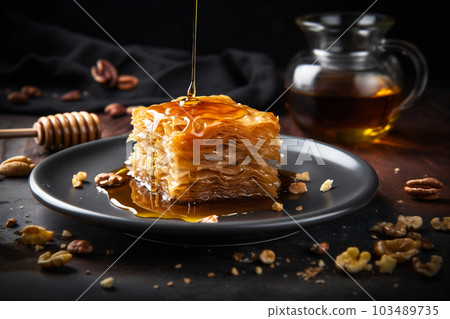 Plate of sweet baklava with layers of phyllo dough, chopped nuts and drizzled with honey syrup. AI generated 103489735