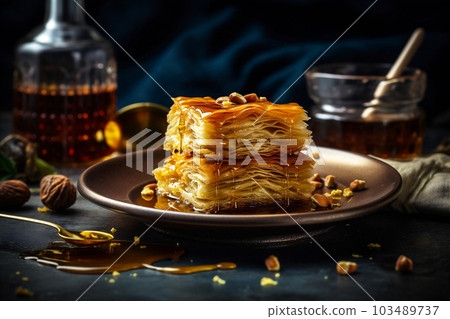 Plate of sweet baklava with layers of phyllo dough, chopped nuts and drizzled with honey syrup. AI generated 103489737