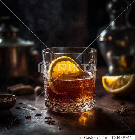 Bitter and complex Sazerac cocktail made with rye whiskey, absinthe, sugar cube, bitters, lemon twist. AI generated 103489744