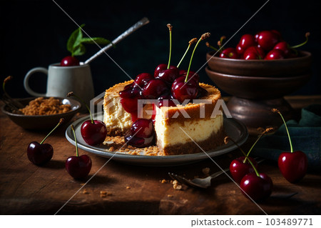 Classic New York style cheesecake with cracker, creamy filling, raspberry sauce and fresh berries. AI generated 103489771