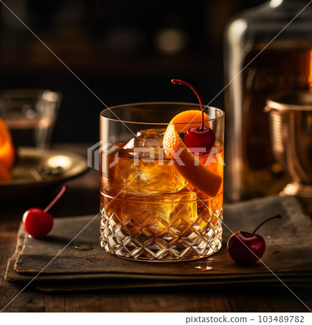 Classic Old Fashioned cocktail made with bourbon, sugar, bitters and twist of citrus zest. AI generated 103489782