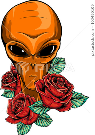 vector illustration of Alien head and red roses flowers. 103490109
