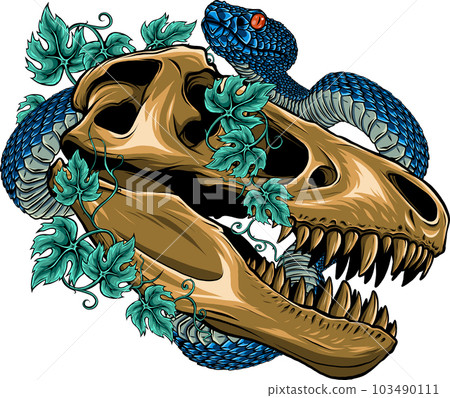 vector illustration of dinosaur skull with snake and leaves 103490111
