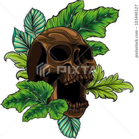 vector illustration of Skull and leaves on white background 103490127