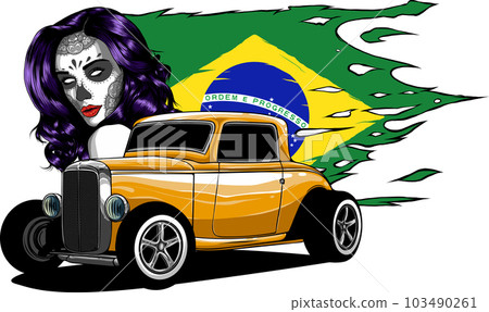 vector illustration of custom hot rod with girl and brazil flag vector illustration of custom hot rod with girl and brazil flag 103490261