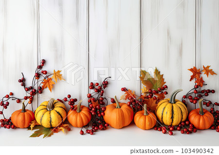 Assortment of pumpkins with autumn leaf on... - Stock Illustration ...