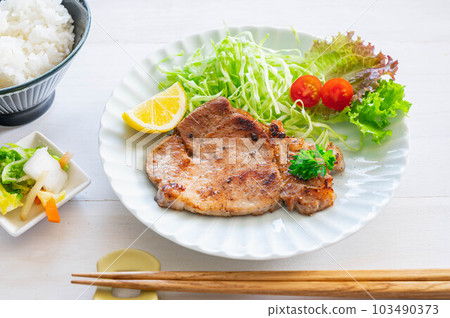 晚餐吃豬肉牛排和米飯 晚餐吃豬肉牛排和米飯 103490373